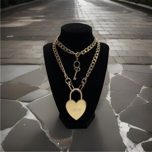 NEW Christian Dior Novelty Gold Heart Lock Key + Box On Unbranded Chain Necklace